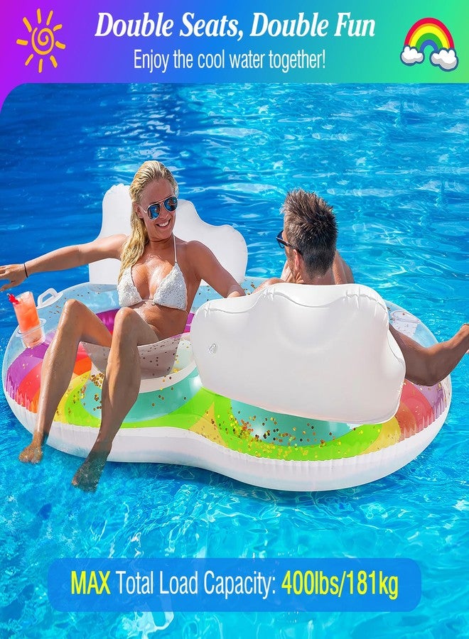 MoKo Pool Floats Adult, 2 Seat Inflatable Chairs, Rainbow Pool Floaties with Clouds Backrests, Inflatable Pool Toys with Cup Holders and Handles Beach Party Water Park, Rainbow & White Clouds - Image 2