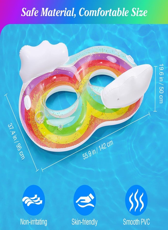 MoKo Pool Floats Adult, 2 Seat Inflatable Chairs, Rainbow Pool Floaties with Clouds Backrests, Inflatable Pool Toys with Cup Holders and Handles Beach Party Water Park, Rainbow & White Clouds - Image 5