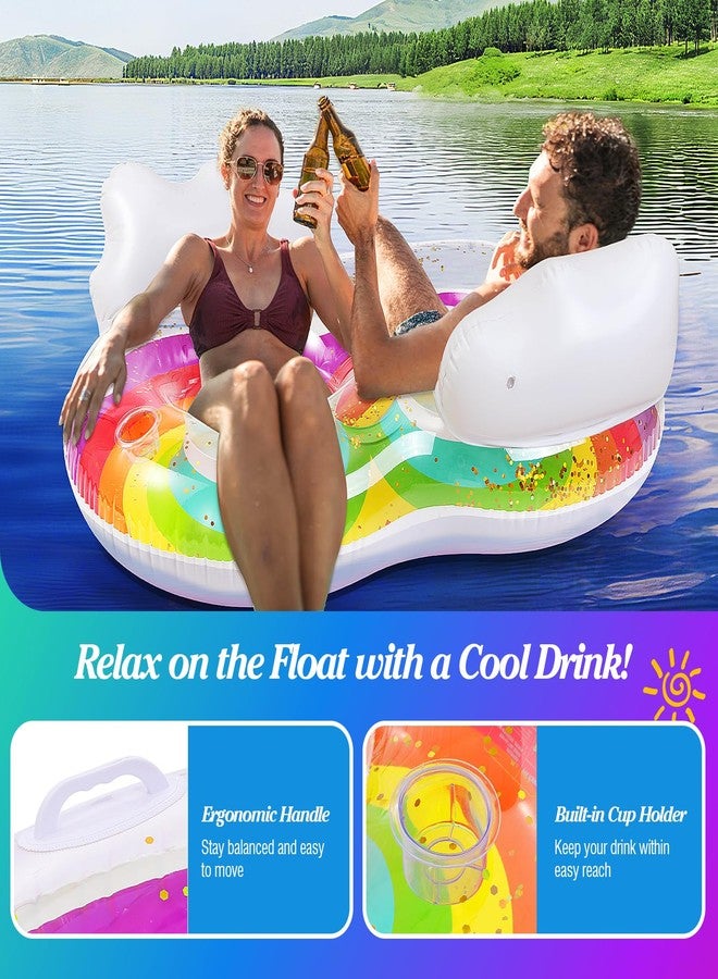 MoKo Pool Floats Adult, 2 Seat Inflatable Chairs, Rainbow Pool Floaties with Clouds Backrests, Inflatable Pool Toys with Cup Holders and Handles Beach Party Water Park, Rainbow & White Clouds - Image 4