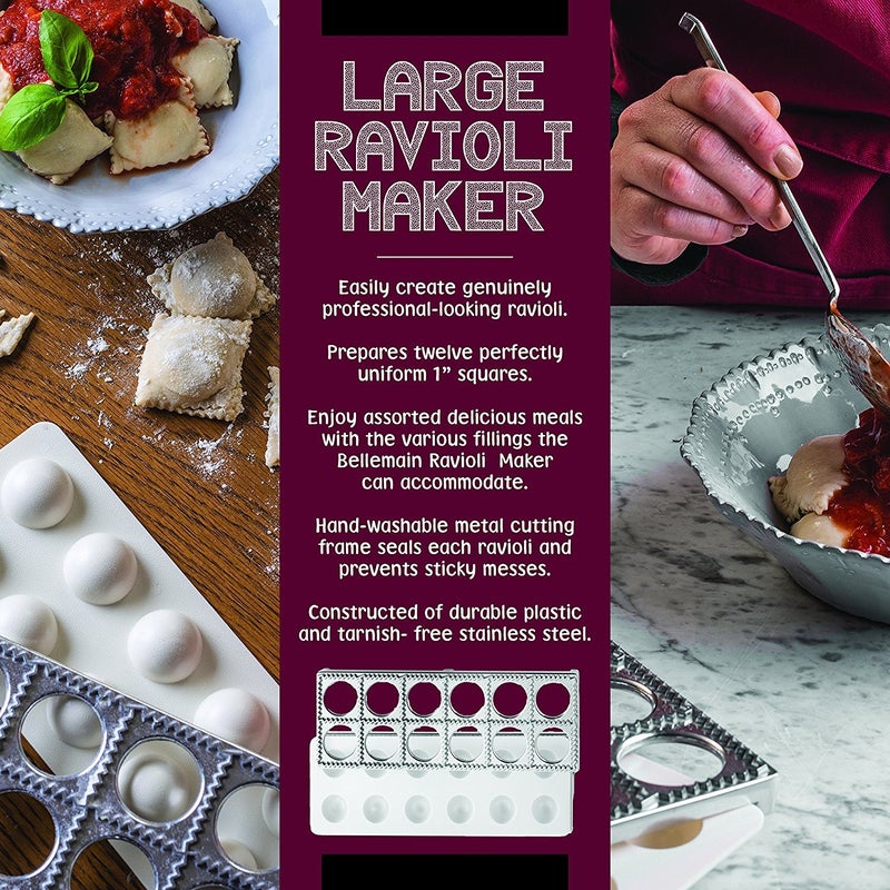 Bellemain Ravioli Maker Press | Pelmeni Mold, Pierogi Press, Potsticker Meat Pie Dumpling Maker, Ravioli Stamp Pasta Making Kit, Pasta Making Tools, Ravioli Press Mold | Makes 12 Ravioli, 1. 5â€ - Image 2