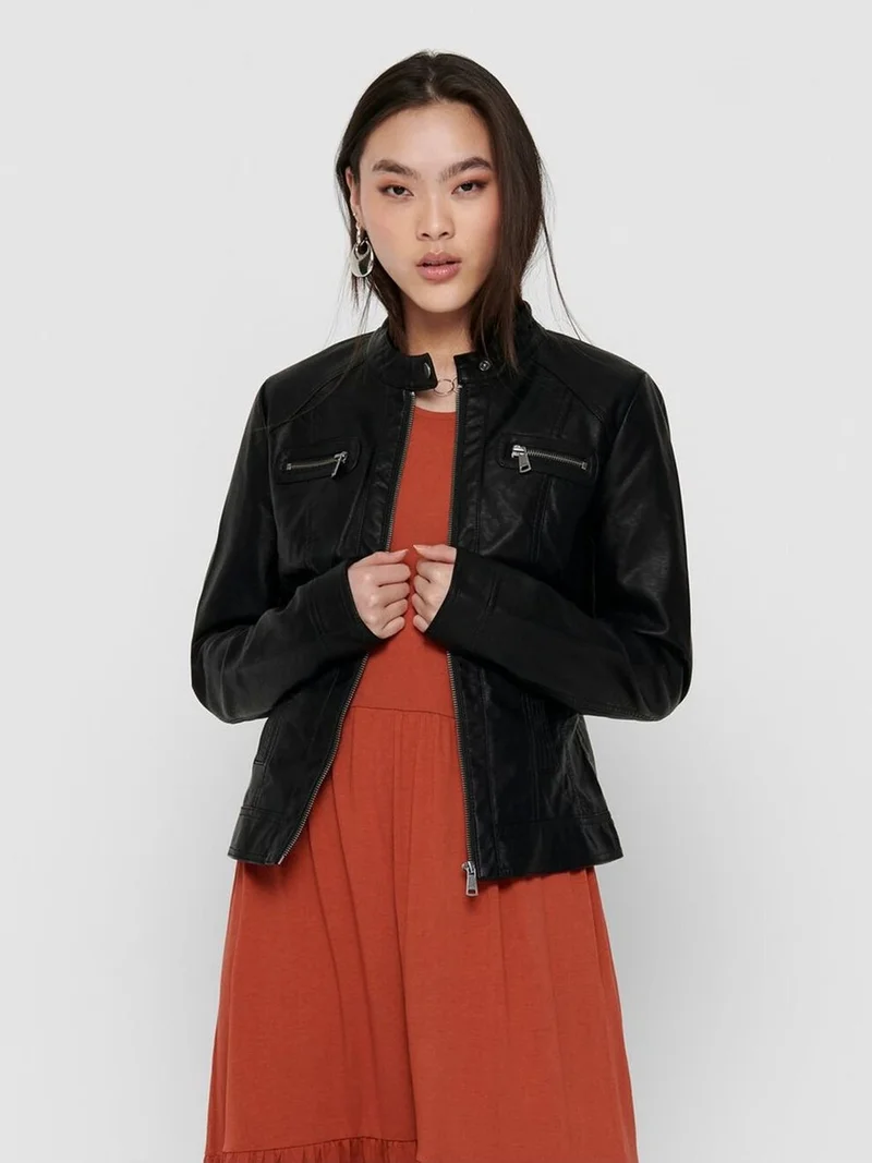 اونلي 15081400 Onlbandıt Faux Leather Bıker Otw Noos Women's Leather Coat and Jacket Black