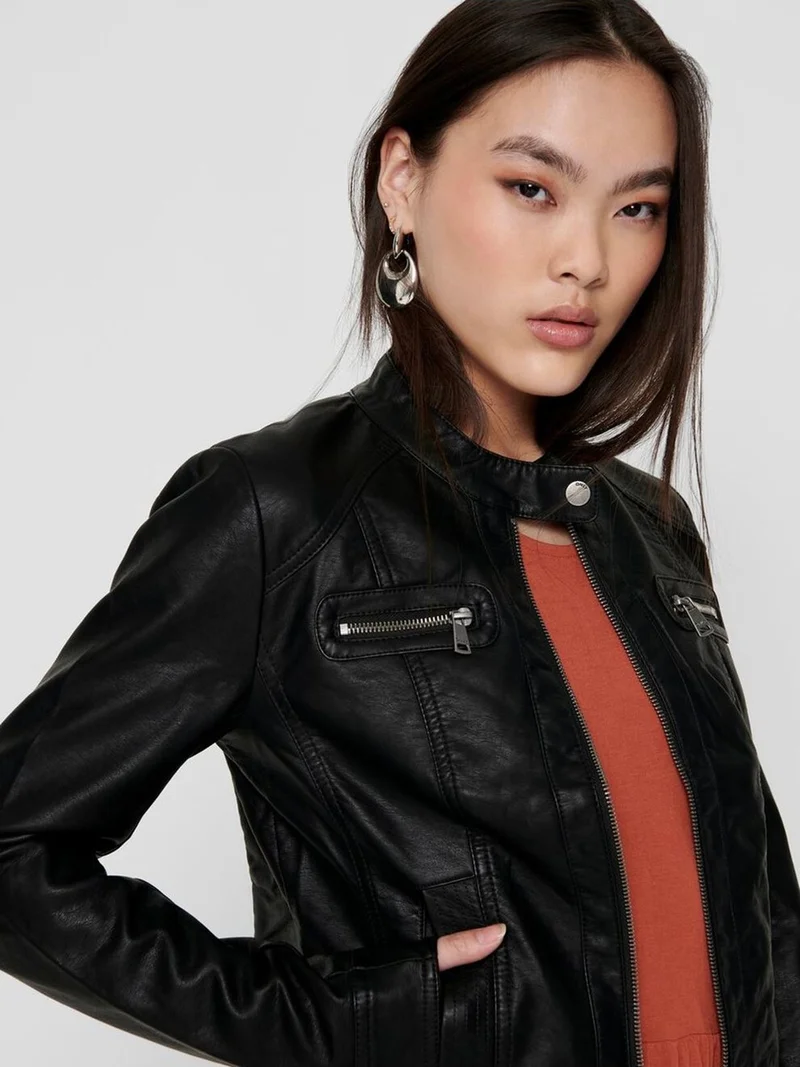 اونلي 15081400 Onlbandıt Faux Leather Bıker Otw Noos Women's Leather Coat and Jacket Black