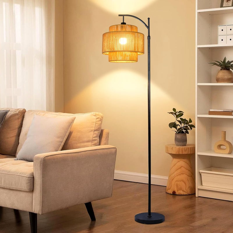 ILLMTW Rattan Floor Lamp for Living Room Bedroom Boho Arc Standing Lamp with Remote Dimmable Black Farmhouse Wicker Bamboo Lamp Shade Floor Light Tall Lamp Industrial Floor Lamps Bohemian Decor - Image 3