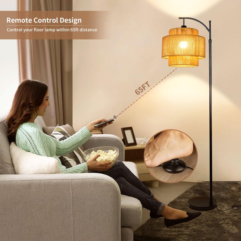 ILLMTW Rattan Floor Lamp for Living Room Bedroom Boho Arc Standing Lamp with Remote Dimmable Black Farmhouse Wicker Bamboo Lamp Shade Floor Light Tall Lamp Industrial Floor Lamps Bohemian Decor - Image 4