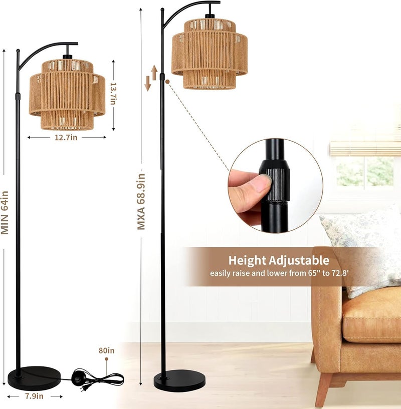 ILLMTW Rattan Floor Lamp for Living Room Bedroom Boho Arc Standing Lamp with Remote Dimmable Black Farmhouse Wicker Bamboo Lamp Shade Floor Light Tall Lamp Industrial Floor Lamps Bohemian Decor - Image 5