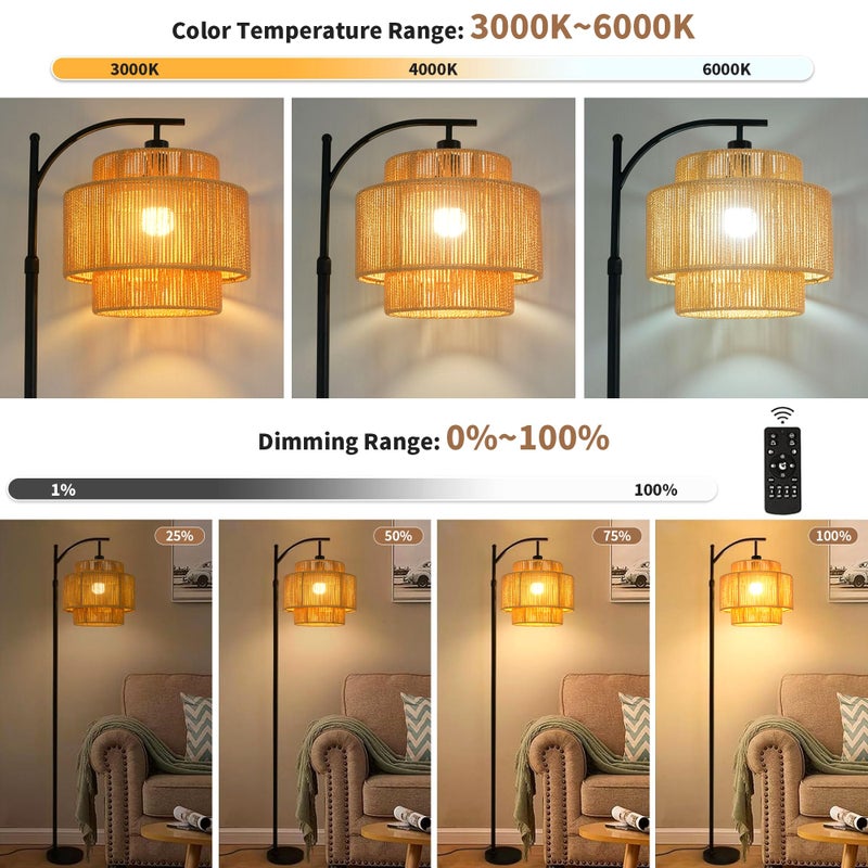 ILLMTW Rattan Floor Lamp for Living Room Bedroom Boho Arc Standing Lamp with Remote Dimmable Black Farmhouse Wicker Bamboo Lamp Shade Floor Light Tall Lamp Industrial Floor Lamps Bohemian Decor - Image 2