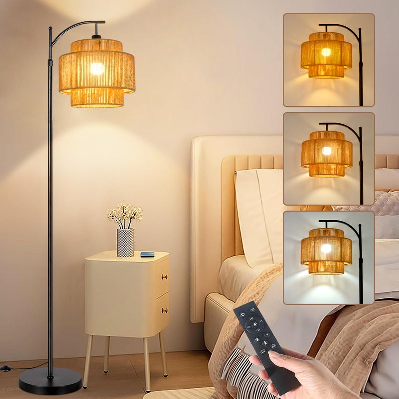 ILLMTW Rattan Floor Lamp for Living Room Bedroom Boho Arc Standing Lamp with Remote Dimmable Black Farmhouse Wicker Bamboo Lamp Shade Floor Light Tall Lamp Industrial Floor Lamps Bohemian Decor - Image 1