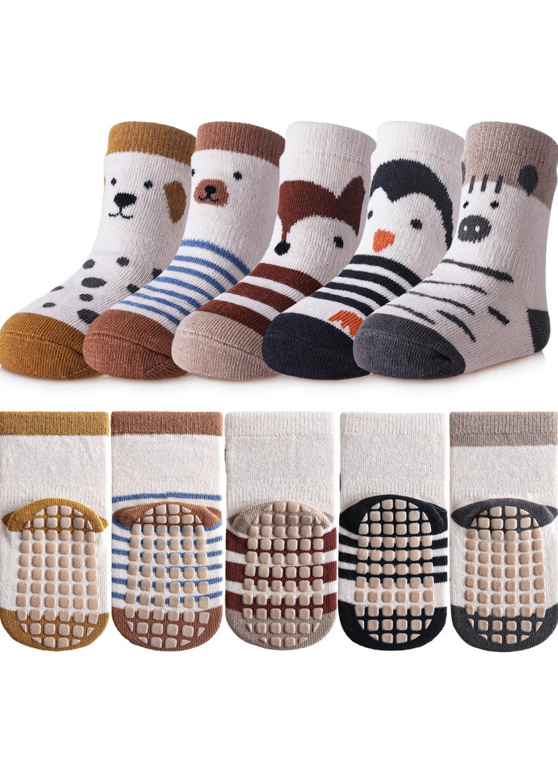 5 Pairs Toddler Non Slip Socks with Grips, Anti-Skid Baby Crew Socks for Boys and Girls, Soft Cotton Animal Pattern Floor Socks - Image 1