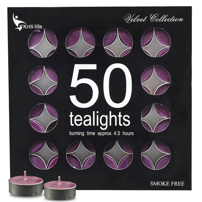KRITILIFE Kriti Life Lavender Scented Tealight Candles 100 Paraffin Wax 45 Hours Smokeless Long Burn Time Dripless Purple Candles for Home Decoration Set of 50 
