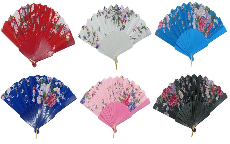 Gold Leaf GOLD LEAF 6 Pieces Floral Folding Hand Fans Traditional Style Fan Folding Fan Vintage Pattern Hand Fan Handheld Fabric Folding Fan for Hot Flash DecorationDance Gift Multicolor  - Image 1