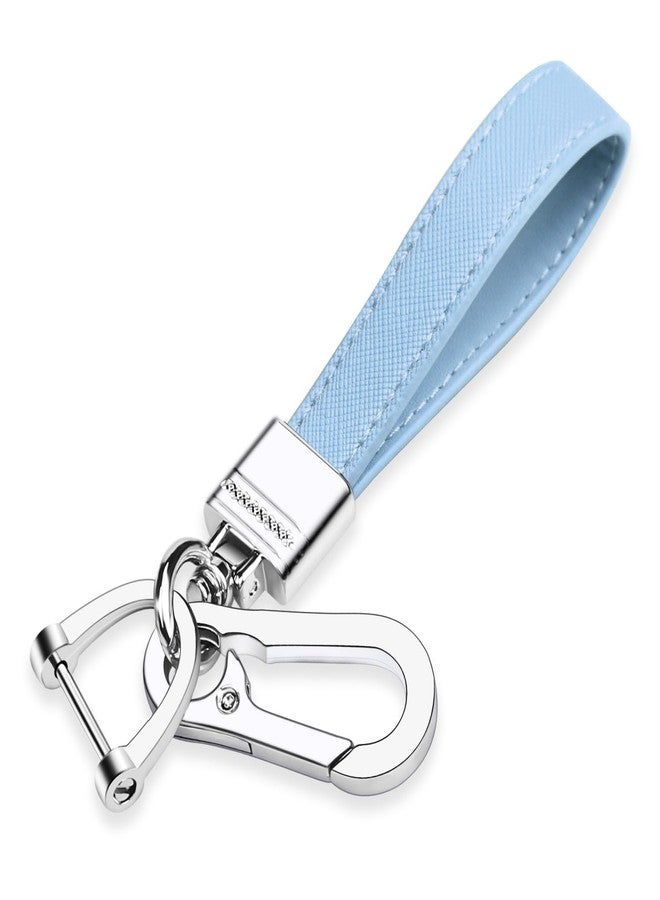 QBUC Genuine Leather Car Keychain,Universal Heavy Duty Metal Key Chain Accessories,Car Fob Key Keychain Holder with 360 Degree Rotatable Snap Swivel and Anti-Lost D-Ring for Men Women(Light Blue) - Image 1
