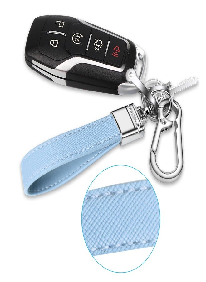 QBUC Genuine Leather Car Keychain,Universal Heavy Duty Metal Key Chain Accessories,Car Fob Key Keychain Holder with 360 Degree Rotatable Snap Swivel and Anti-Lost D-Ring for Men Women(Light Blue) - Image 5