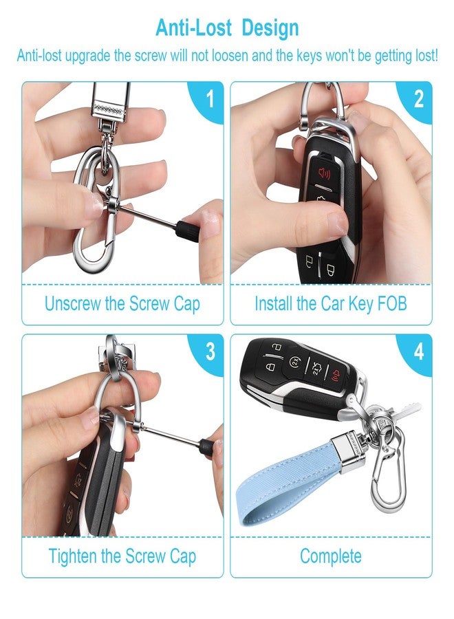 QBUC Genuine Leather Car Keychain,Universal Heavy Duty Metal Key Chain Accessories,Car Fob Key Keychain Holder with 360 Degree Rotatable Snap Swivel and Anti-Lost D-Ring for Men Women(Light Blue) - Image 4