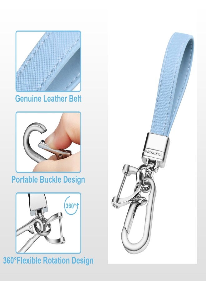 QBUC Genuine Leather Car Keychain,Universal Heavy Duty Metal Key Chain Accessories,Car Fob Key Keychain Holder with 360 Degree Rotatable Snap Swivel and Anti-Lost D-Ring for Men Women(Light Blue) - Image 3
