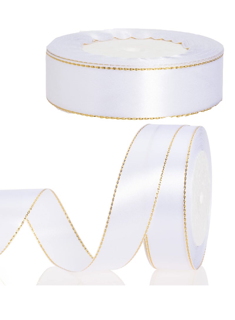 KASTWAVE 2 Roll 25 Yards 1 Inch White Satin Ribbon with Gold Edges - Gold Border Fabric Ribbon for Gift Wrapping and Crafts - Image 1