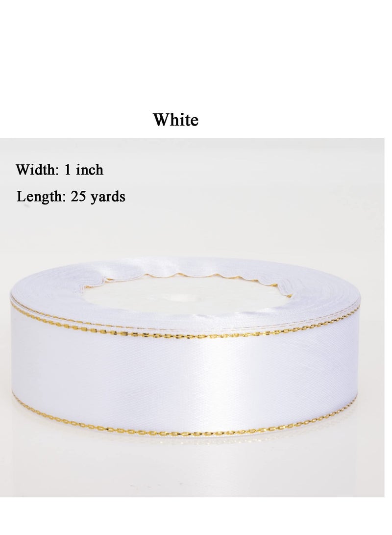 KASTWAVE 2 Roll 25 Yards 1 Inch White Satin Ribbon with Gold Edges - Gold Border Fabric Ribbon for Gift Wrapping and Crafts - Image 3