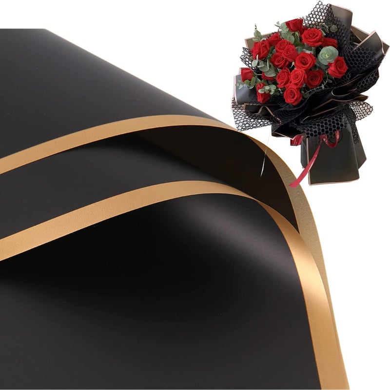 XIAOHONG 20 Sheets Gold border Black Flower Wrapping Paper Waterproof Floral Wrapping Paper Florist Bouquet Wrapping PaperDIY Crafts Gift Box Packaging Fresh Flower Packaging Materials 228x228Inch - Image 1