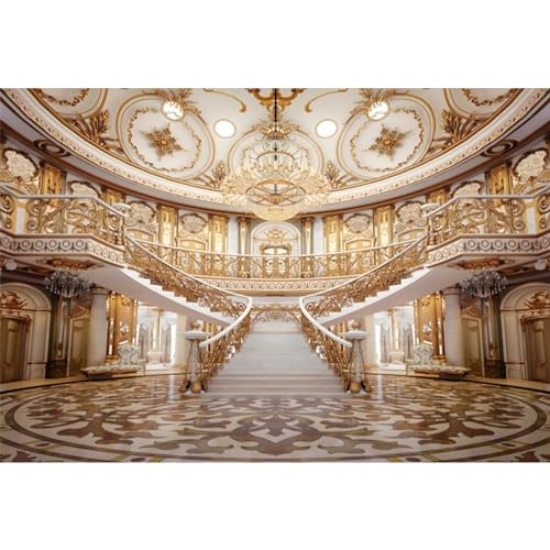 Baocicco 8x65ft Retro Palace Backdrop for Photography Gold Hall Staircase Luxury Chandelier Ceiling Mural Photography Background Wedding Photoshoot Bride to Be Party Photographer Studio Props - Image 1