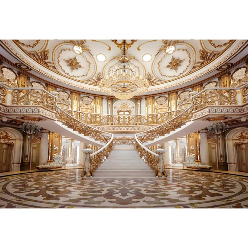 Baocicco 8x65ft Retro Palace Backdrop for Photography Gold Hall Staircase Luxury Chandelier Ceiling Mural Photography Background Wedding Photoshoot Bride to Be Party Photographer Studio Props - Image 2
