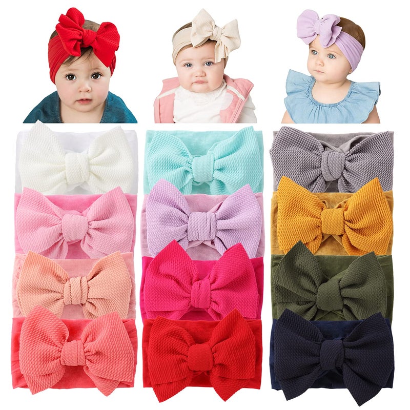 Cinaci 12 Pack Oversized Colorful Solid Stretchy Nylon Headbands with Big Bow Large Knot Hair Bows Soft Elastic Hair Bands Hair Accessories Wide Headwraps for Newborn Baby Girls Infants Toddlers Kids - Image 1
