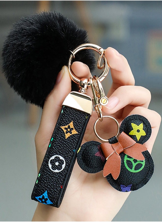 KeyAmor - Black keychain with elegant fluffy fur for women A great option as a gift Plaid leather and golden metal keychain includes matching accessories - Image 1