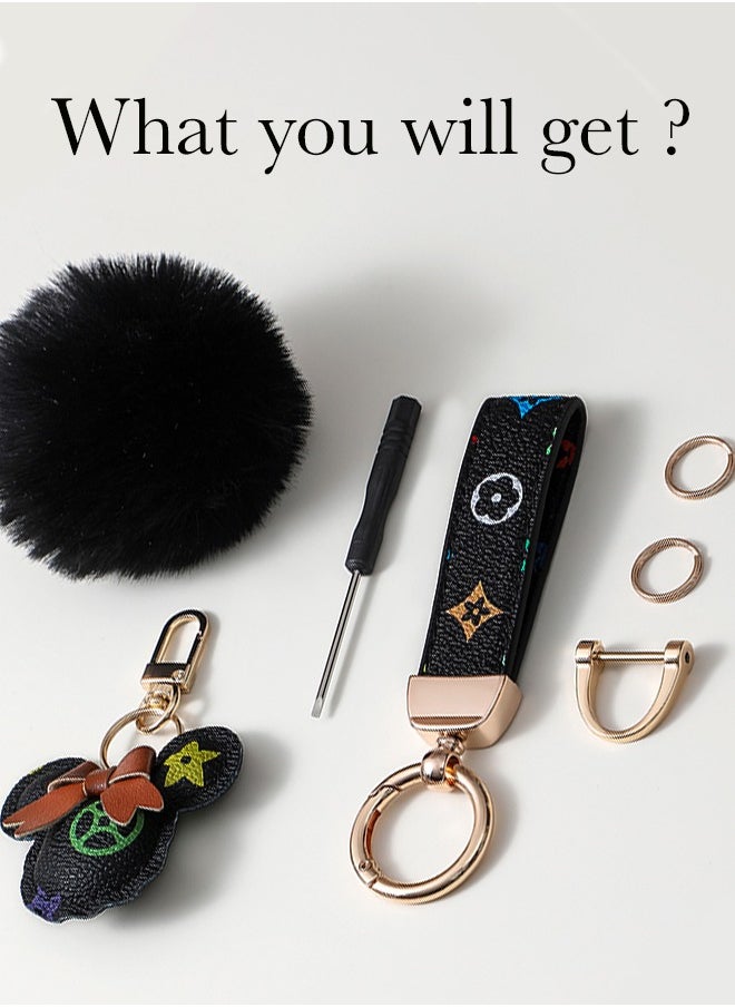 KeyAmor - Black keychain with elegant fluffy fur for women A great option as a gift Plaid leather and golden metal keychain includes matching accessories - Image 1