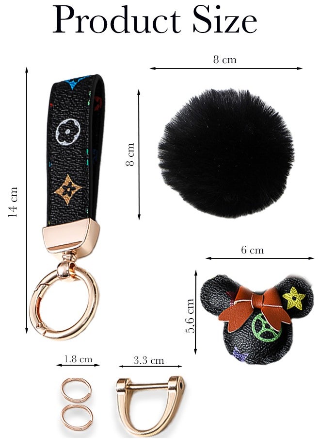 KeyAmor - Black keychain with elegant fluffy fur for women A great option as a gift Plaid leather and golden metal keychain includes matching accessories - Image 1