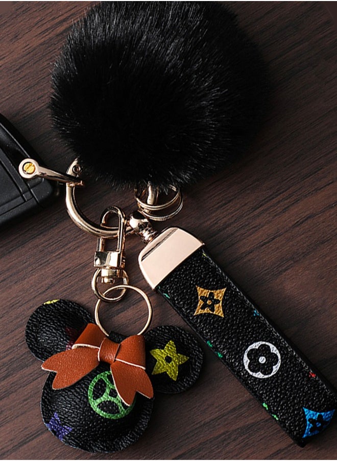 KeyAmor - Black keychain with elegant fluffy fur for women A great option as a gift Plaid leather and golden metal keychain includes matching accessories - Image 1