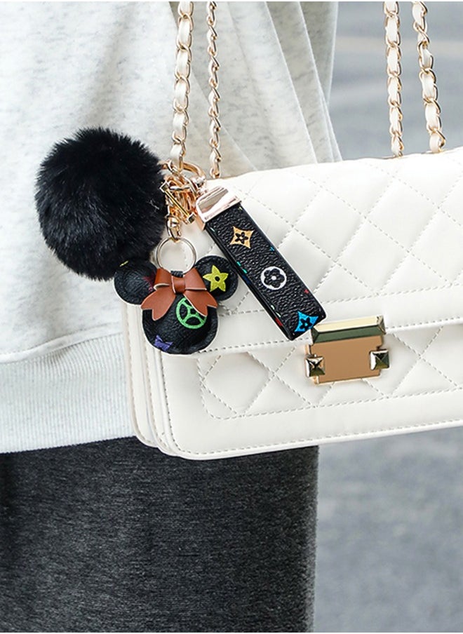 KeyAmor - Black keychain with elegant fluffy fur for women A great option as a gift Plaid leather and golden metal keychain includes matching accessories - Image 1