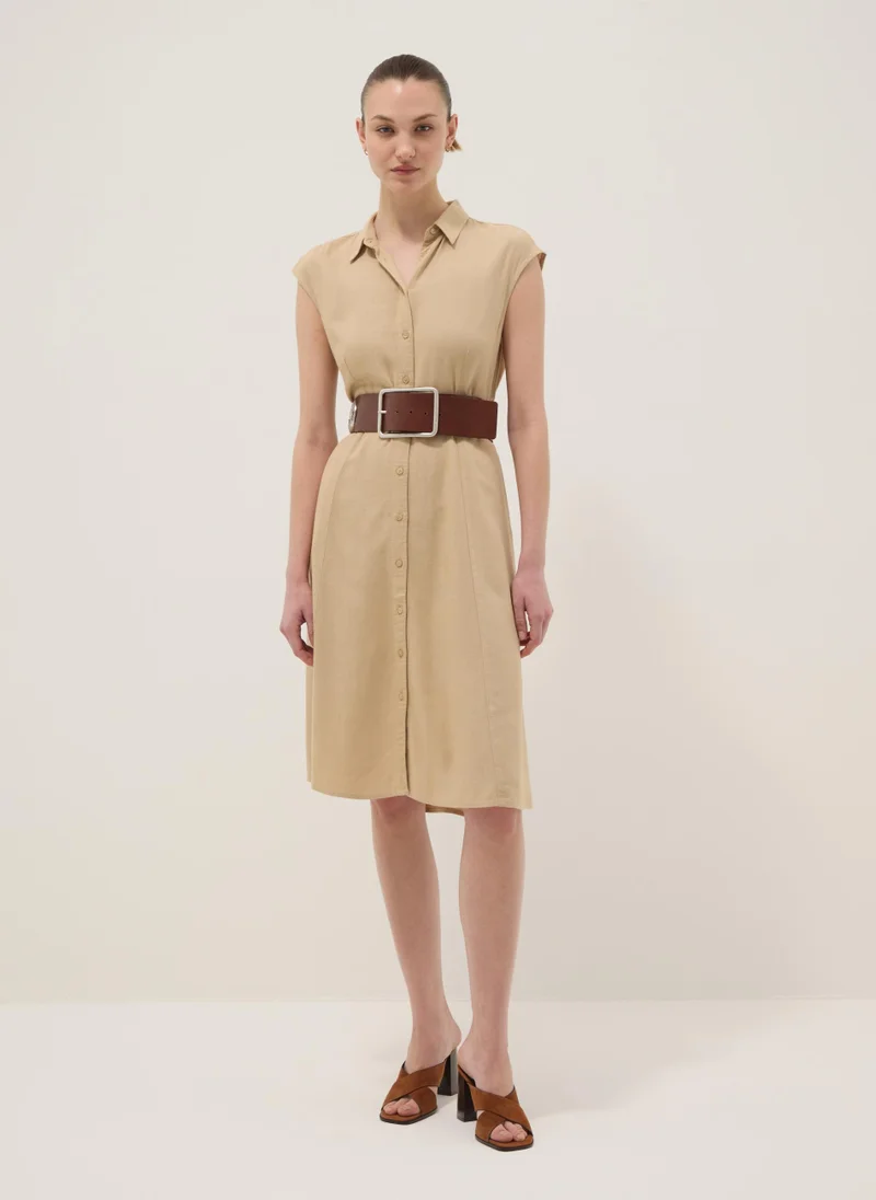 او في اس OVS Beige Viscose And Linen-Blend Shirt Dress, Regular Fit