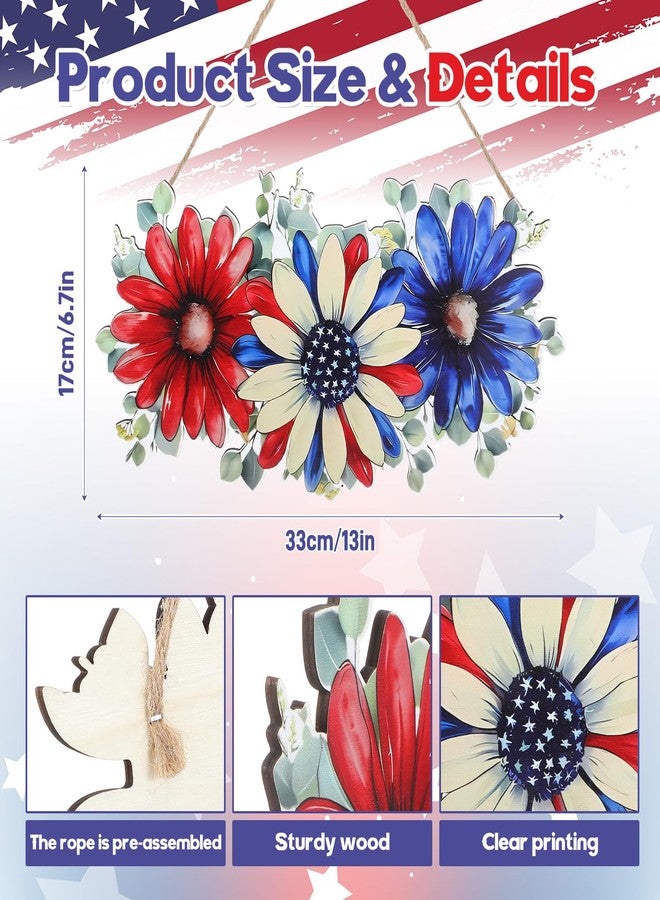 Novabright 4th of July Decorations for Front Door Patriotic Floral Wreath Hanging Decorations Wooden Red White Blue Decor for 250th Patriotic Memorial Day Home Wall Decor Party Outdoor Indoor - Image 3