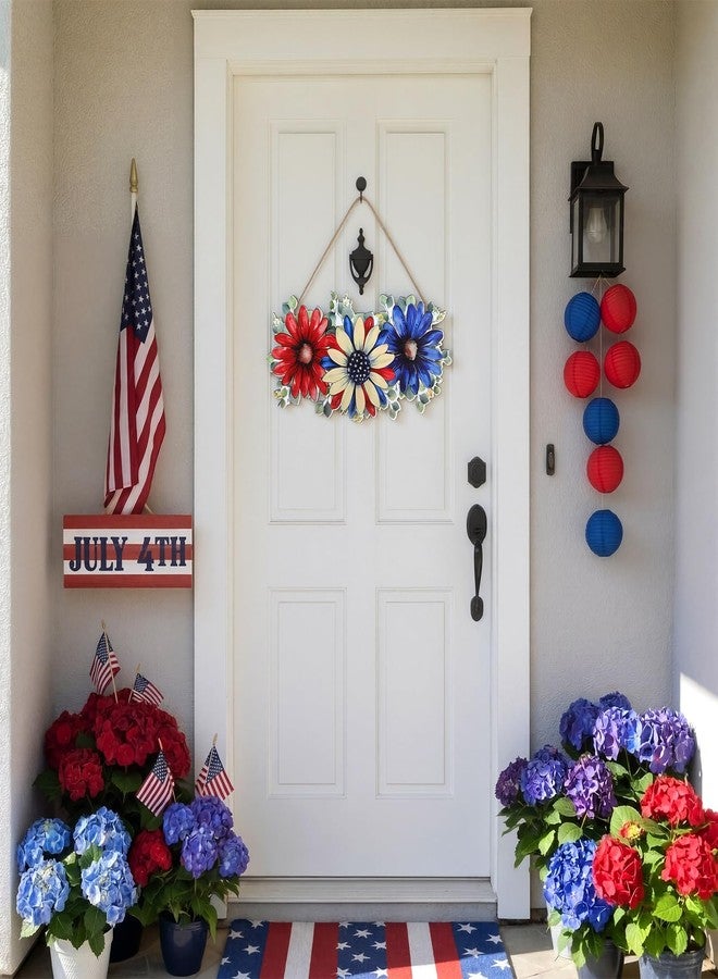 Novabright 4th of July Decorations for Front Door Patriotic Floral Wreath Hanging Decorations Wooden Red White Blue Decor for 250th Patriotic Memorial Day Home Wall Decor Party Outdoor Indoor - Image 2