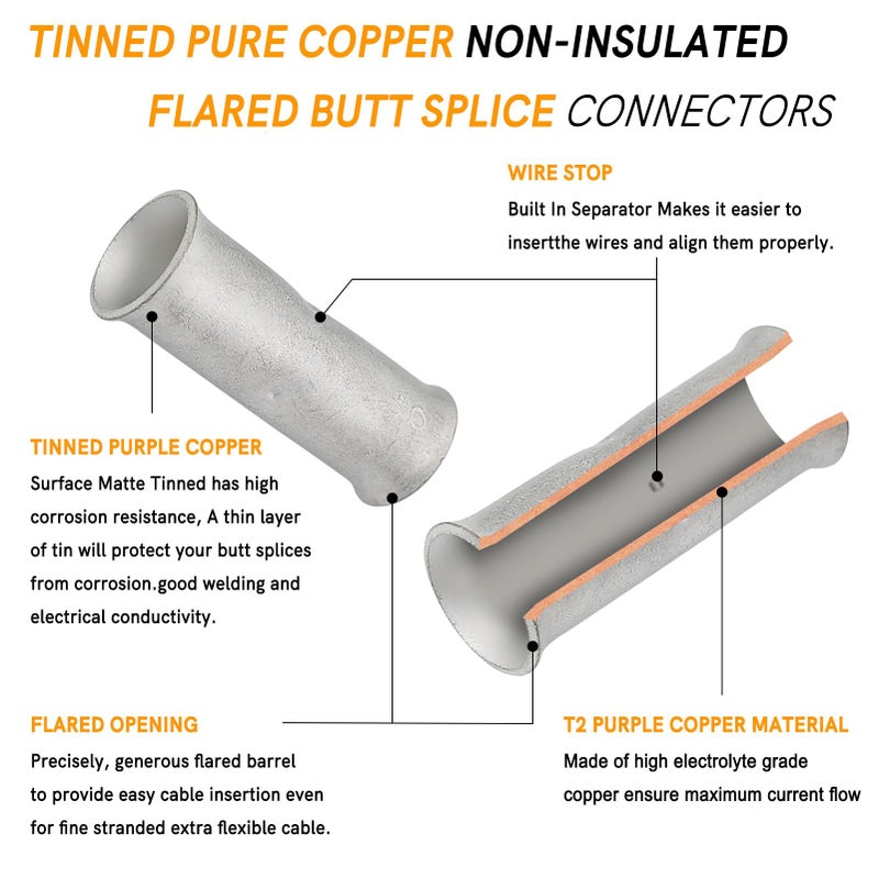 SVAAR 1/0 Gauge Butt Splice Connectors 12 PCS 0 AWG Non-Insulated Butt Connectors Uninsulated Crimp Butt Connectors,Tinned Copper Marine Grade Crimp Butt Terminals + 12 PCS 3:1 Heat Shrink Tube - Image 4