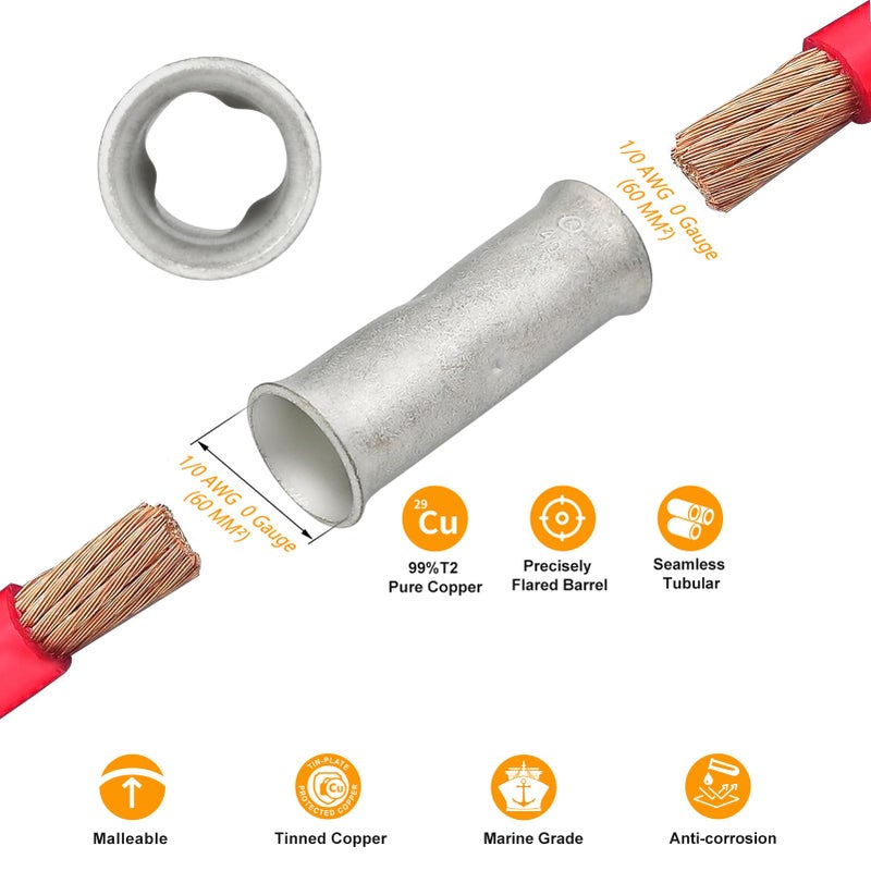 SVAAR 1/0 Gauge Butt Splice Connectors 12 PCS 0 AWG Non-Insulated Butt Connectors Uninsulated Crimp Butt Connectors,Tinned Copper Marine Grade Crimp Butt Terminals + 12 PCS 3:1 Heat Shrink Tube - Image 3