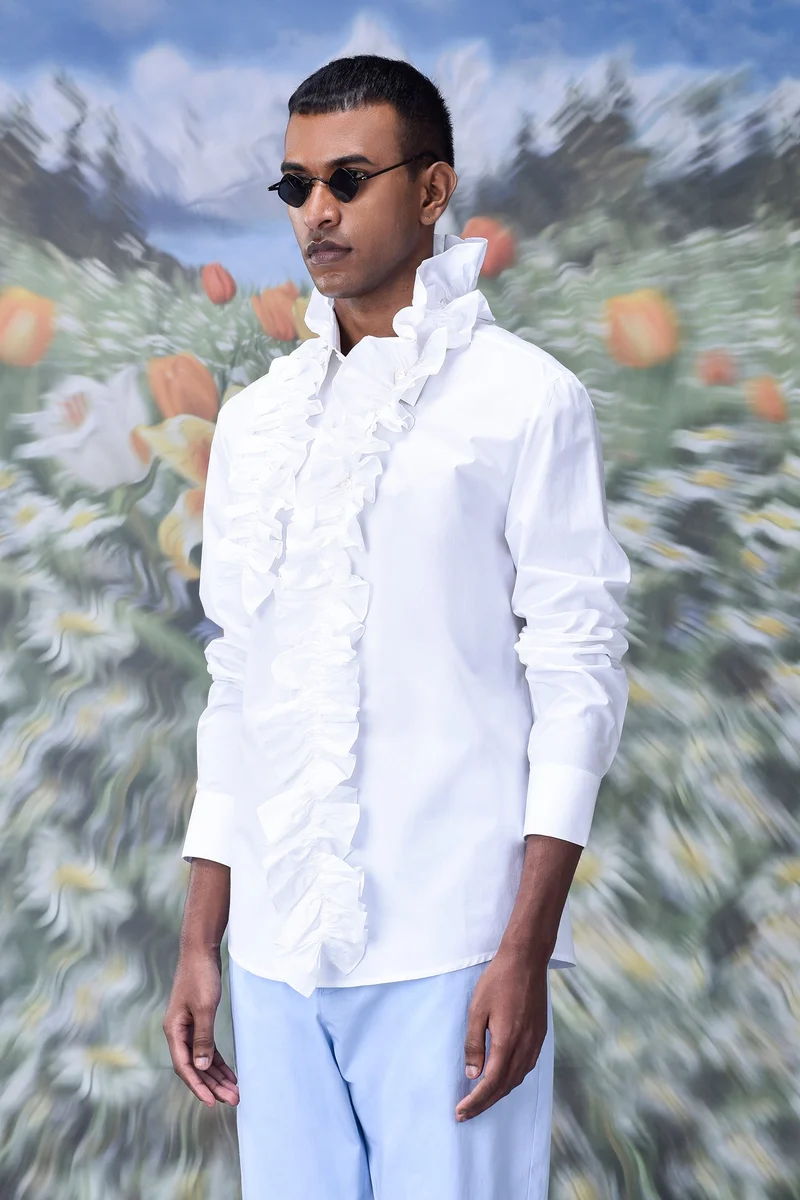Genes Lecoanet Hemant Detachable Ruffle Collar Regular Fit Shirt- White
