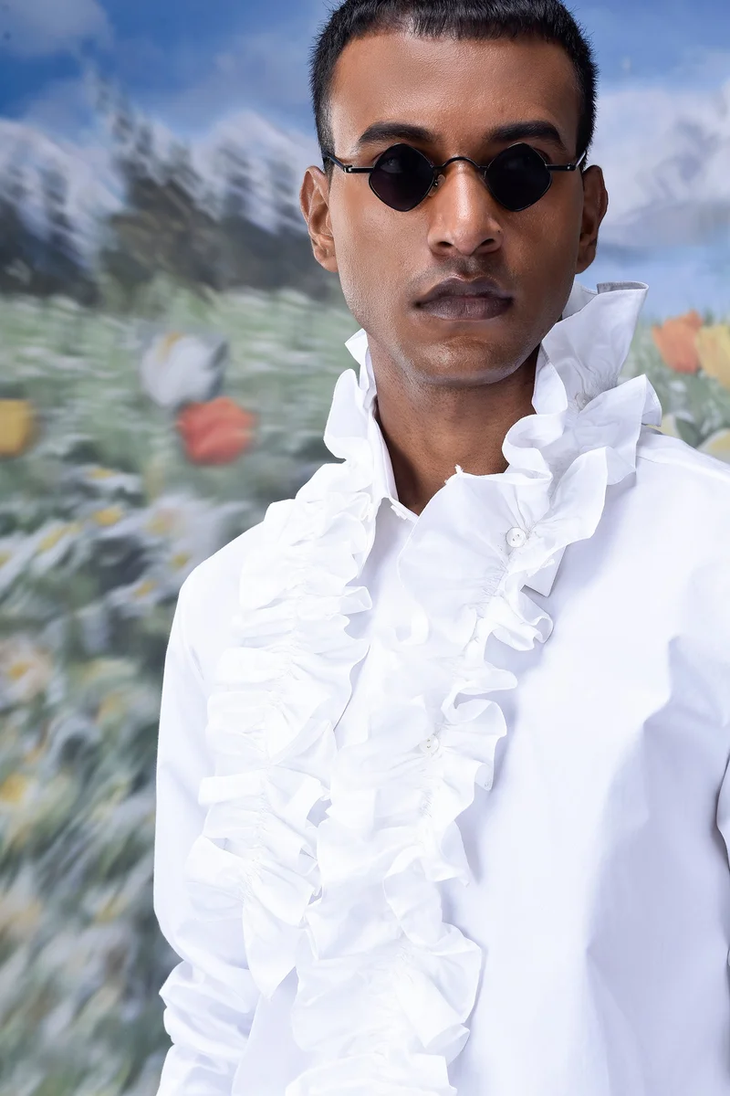 Genes Lecoanet Hemant Detachable Ruffle Collar Regular Fit Shirt- White