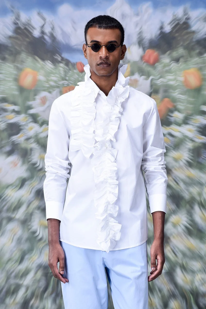 Genes Lecoanet Hemant Detachable Ruffle Collar Regular Fit Shirt- White