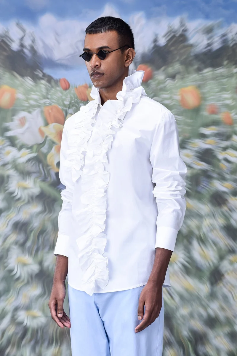Genes Lecoanet Hemant Detachable Ruffle Collar Regular Fit Shirt- White
