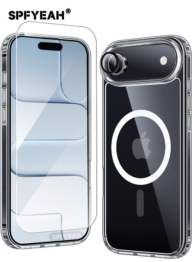 SPFYEAH [3-in-1] iPhone 17 Air Case with HD Tempered Glass Screen Protector & Camera Lens Protector, MagSafe-Compatible Rugged Shockproof Cover, Anti-Yellowing Clear Bumper Case, Anti-Scratch & Anti-F