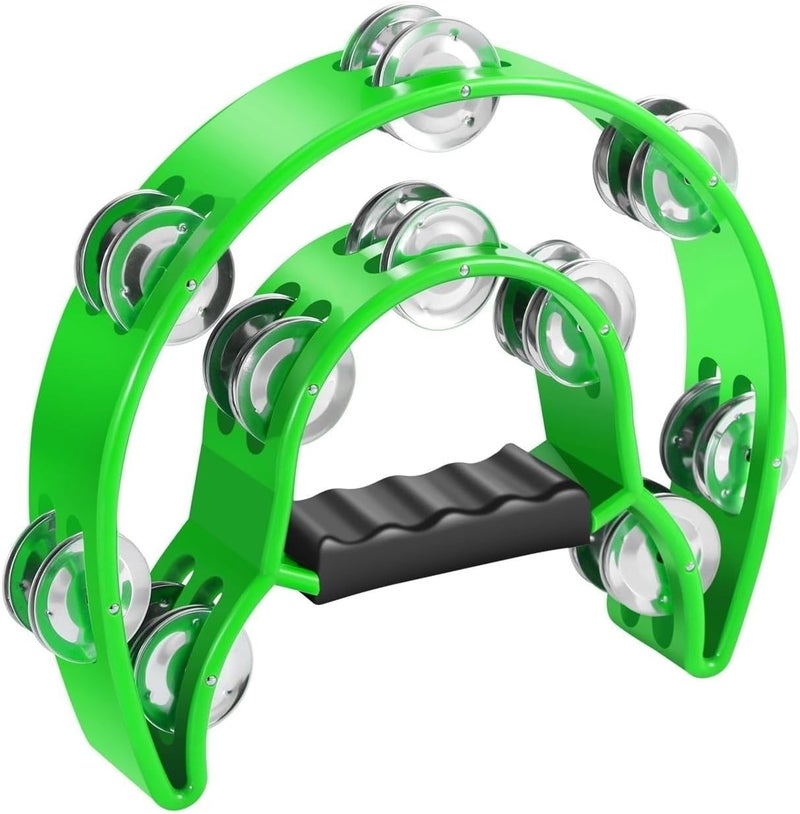 Flexzion Tambourine Metal Half Moon Musical Instruments Double Row Metal Jingles Hand Held Instruments Percussion with Ergonomic Handle Grip, Tambourines for Adults Church, Green - Image 1