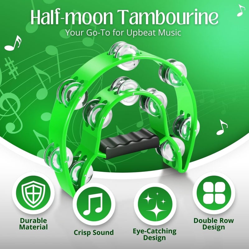 Flexzion Tambourine Metal Half Moon Musical Instruments Double Row Metal Jingles Hand Held Instruments Percussion with Ergonomic Handle Grip, Tambourines for Adults Church, Green - Image 2