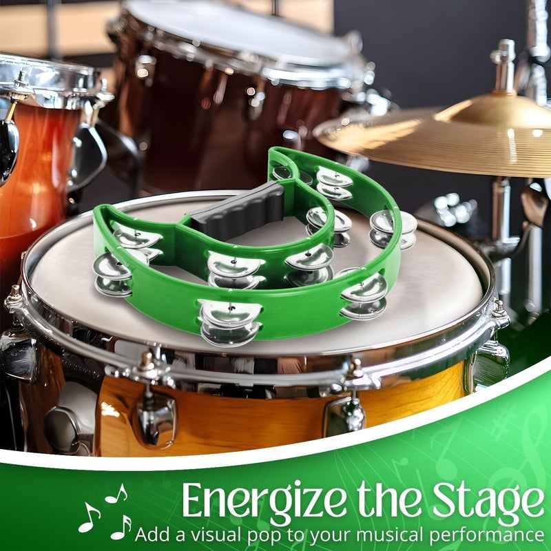 Flexzion Tambourine Metal Half Moon Musical Instruments Double Row Metal Jingles Hand Held Instruments Percussion with Ergonomic Handle Grip, Tambourines for Adults Church, Green - Image 5