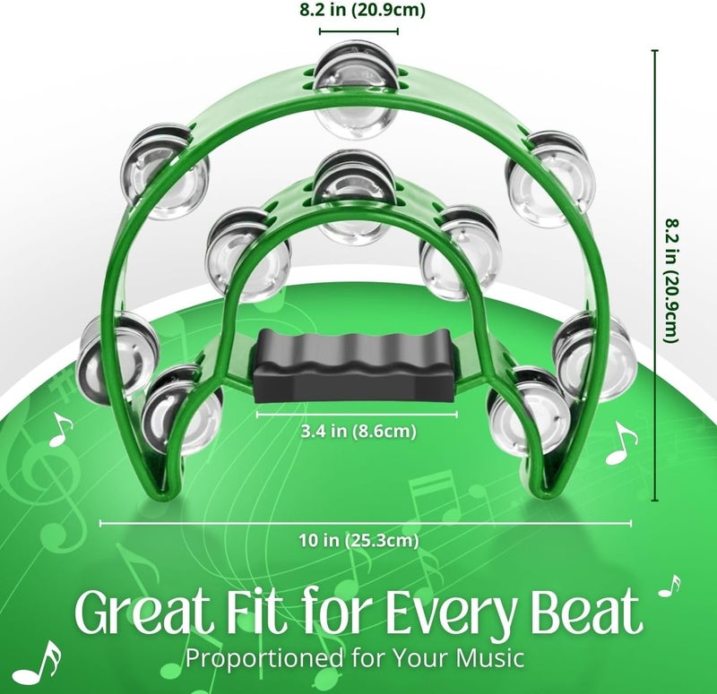 Flexzion Tambourine Metal Half Moon Musical Instruments Double Row Metal Jingles Hand Held Instruments Percussion with Ergonomic Handle Grip, Tambourines for Adults Church, Green - Image 4
