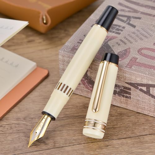 Wikult Yongsheng Junlai 930 Acrylic Fountain Pen, Size 9 Medium Nib with Piston Filling System, Ivory White Fence Ink Tank with Flat Top Design Smooth Writing Pen (Gold Trim) - Image 5