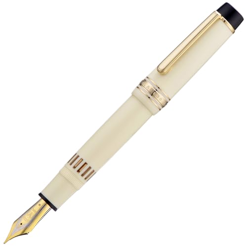 Wikult Yongsheng Junlai 930 Acrylic Fountain Pen, Size 9 Medium Nib with Piston Filling System, Ivory White Fence Ink Tank with Flat Top Design Smooth Writing Pen (Gold Trim) - Image 2