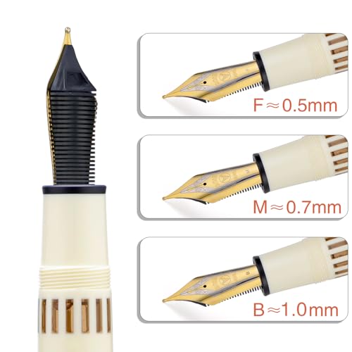 Wikult Yongsheng Junlai 930 Acrylic Fountain Pen, Size 9 Medium Nib with Piston Filling System, Ivory White Fence Ink Tank with Flat Top Design Smooth Writing Pen (Gold Trim) - Image 3
