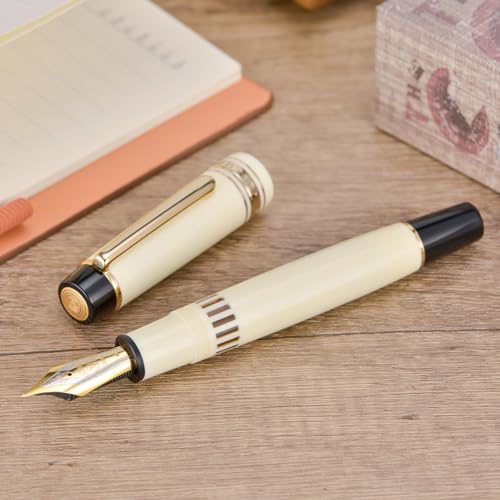 Wikult Yongsheng Junlai 930 Acrylic Fountain Pen, Size 9 Medium Nib with Piston Filling System, Ivory White Fence Ink Tank with Flat Top Design Smooth Writing Pen (Gold Trim) - Image 4