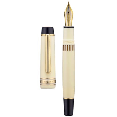 Wikult Yongsheng Junlai 930 Acrylic Fountain Pen, Size 9 Medium Nib with Piston Filling System, Ivory White Fence Ink Tank with Flat Top Design Smooth Writing Pen (Gold Trim) - Image 1