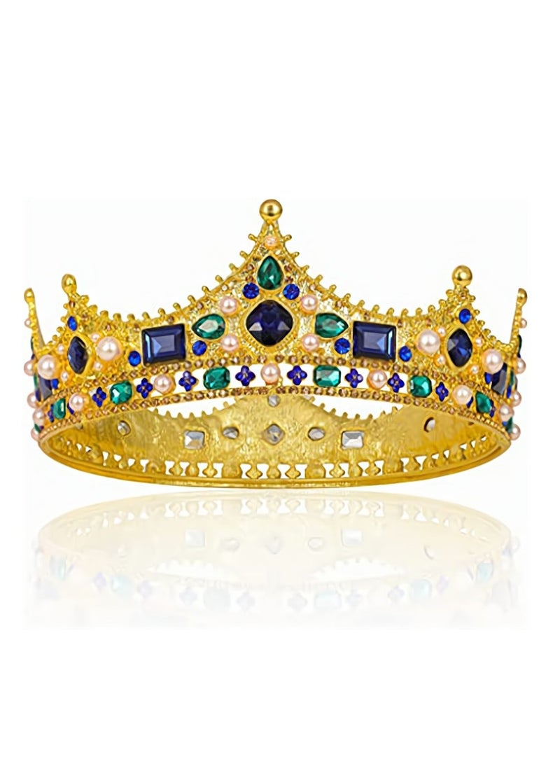 Gold King Crowns for Men Baroque Vintage Rhinestone Crystal Crown Men's Full Kings Crown for Theater Prom Party Role Play - Image 1