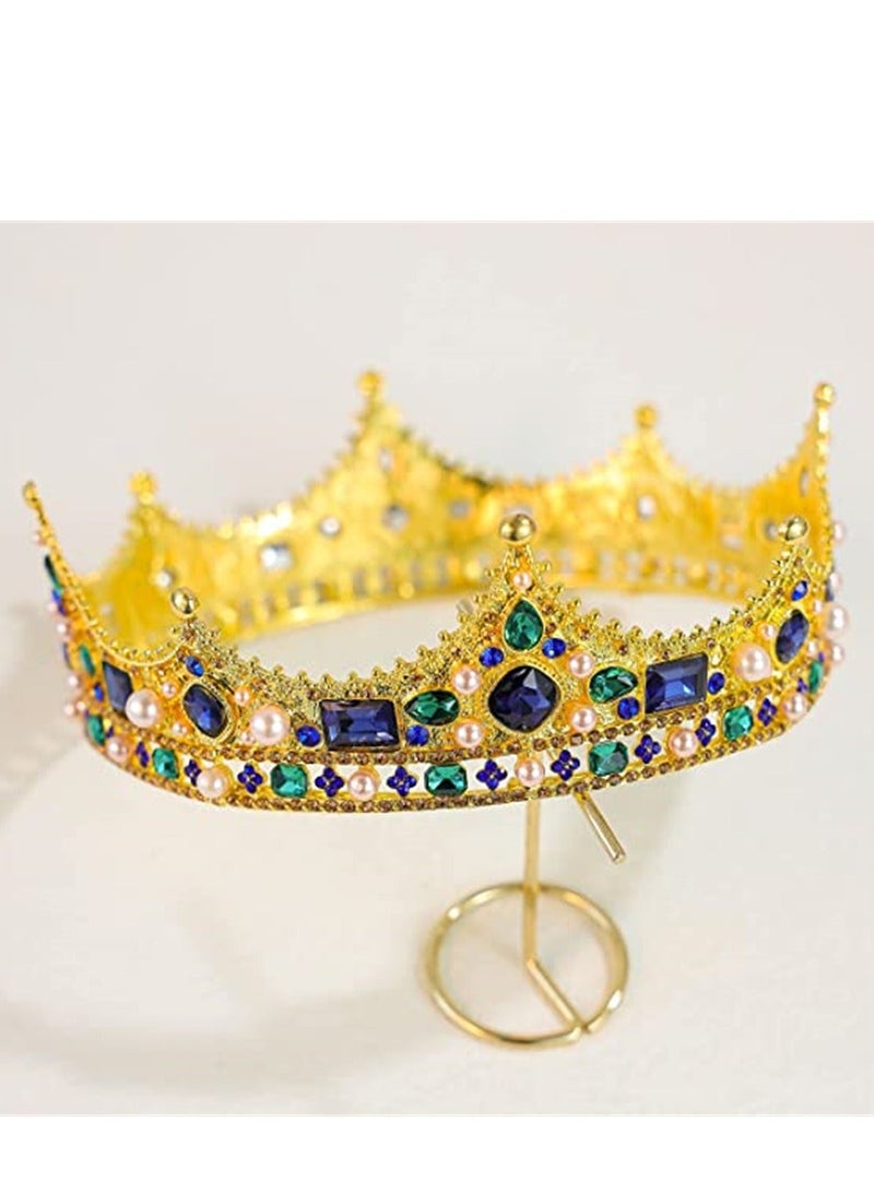 Gold King Crowns for Men Baroque Vintage Rhinestone Crystal Crown Men's Full Kings Crown for Theater Prom Party Role Play - Image 3